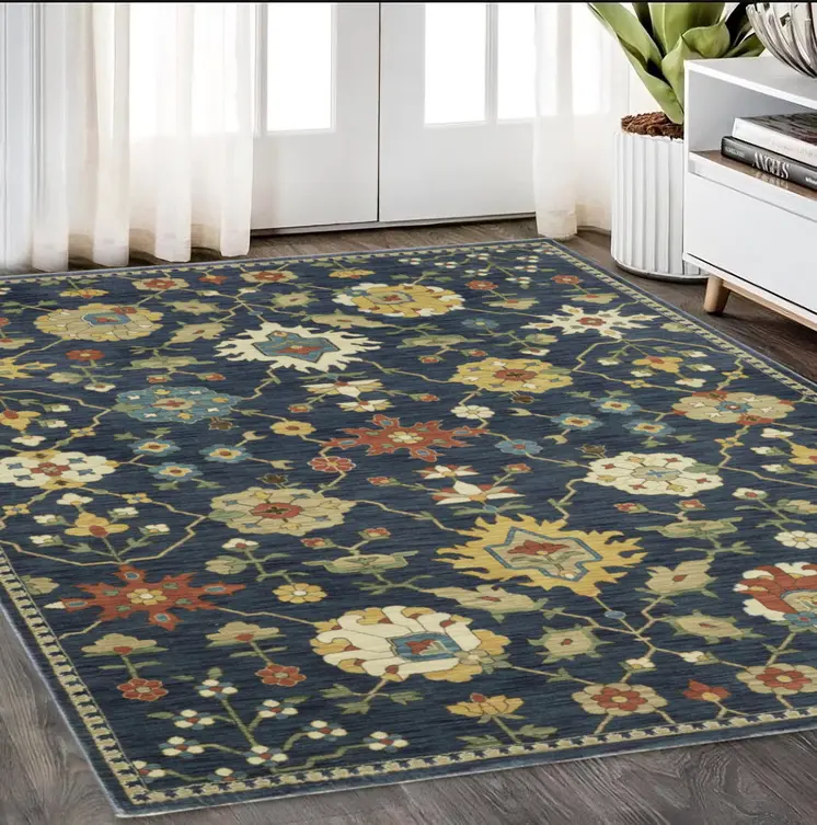 5' X 8' Blue And Gold Oriental Area Rug With Fringe