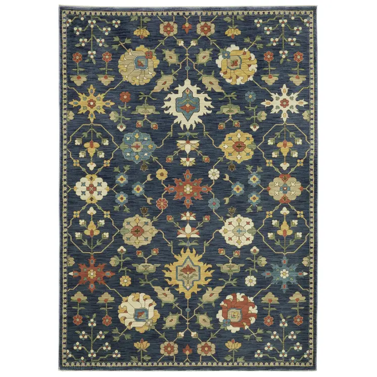 5' X 8' Blue And Gold Oriental Area Rug With Fringe