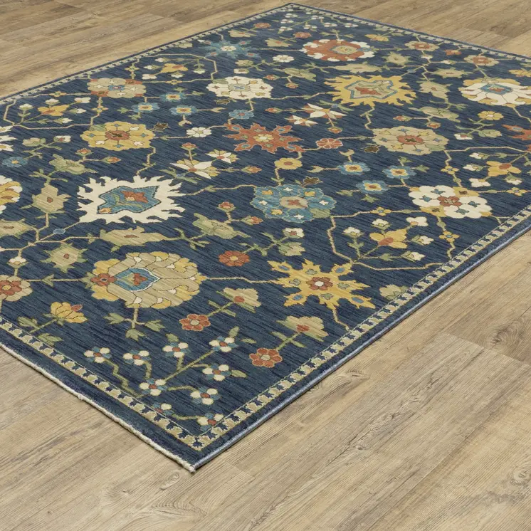5' X 8' Blue And Gold Oriental Area Rug With Fringe