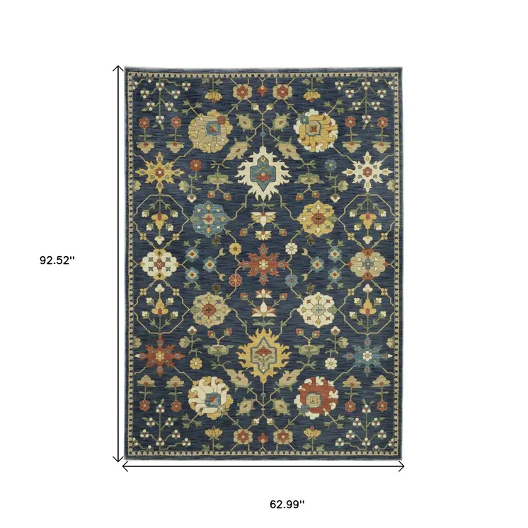 5' X 8' Blue And Gold Oriental Area Rug With Fringe