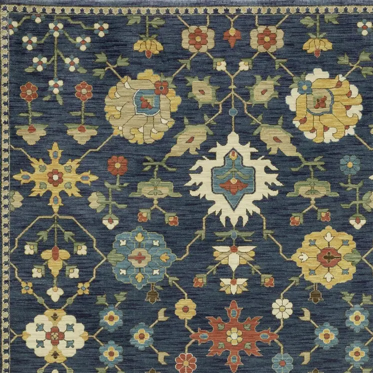 10' X 13' Blue And Gold Oriental Area Rug With Fringe
