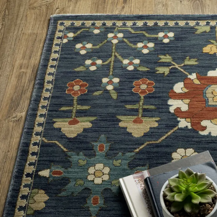 10' X 13' Blue And Gold Oriental Area Rug With Fringe