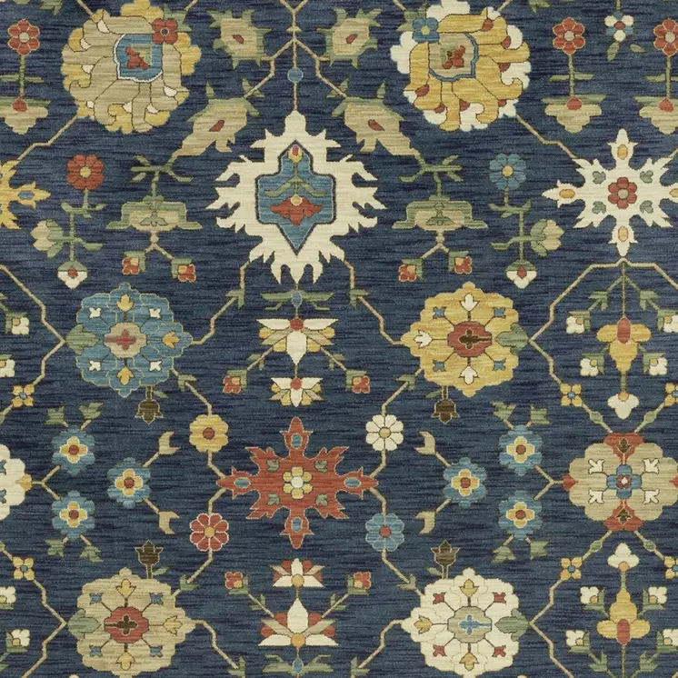 7' X 10' Blue And Gold Oriental Area Rug With Fringe