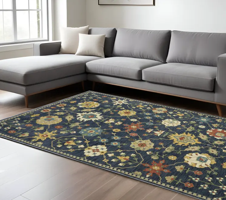 7' X 10' Blue And Gold Oriental Area Rug With Fringe