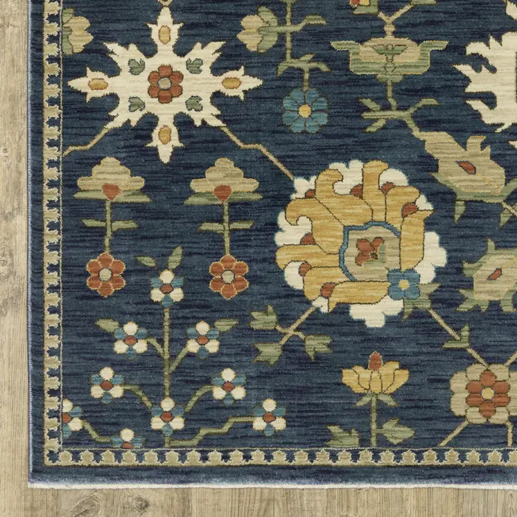 7' X 10' Blue And Gold Oriental Area Rug With Fringe
