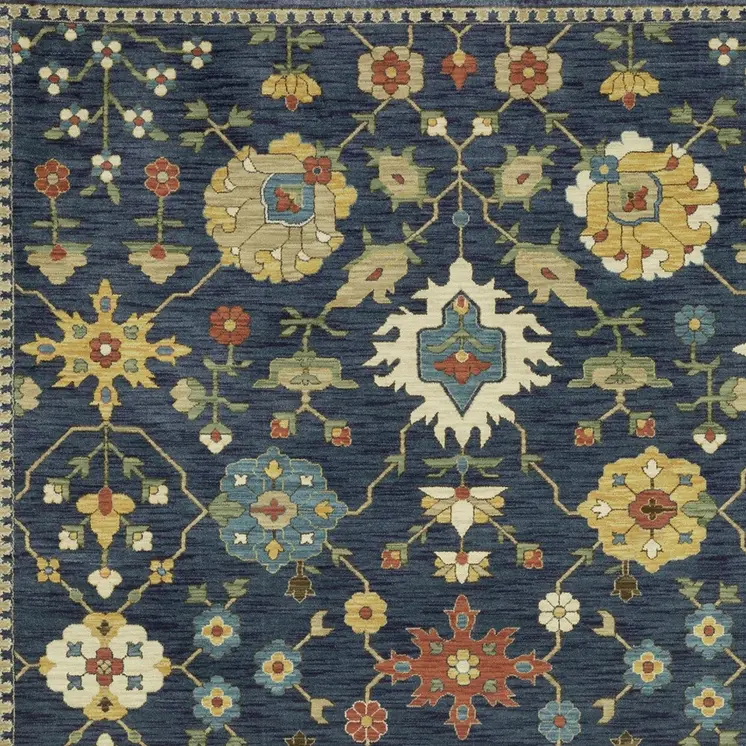 8' X 11' Blue And Gold Oriental Area Rug With Fringe