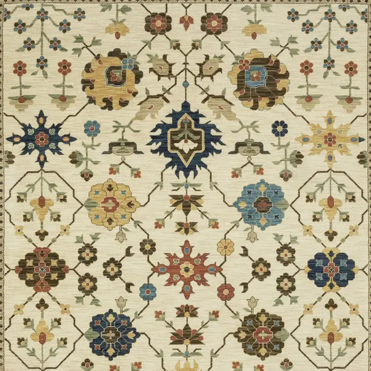 5' X 8' Ivory And Gold Oriental Area Rug With Fringe
