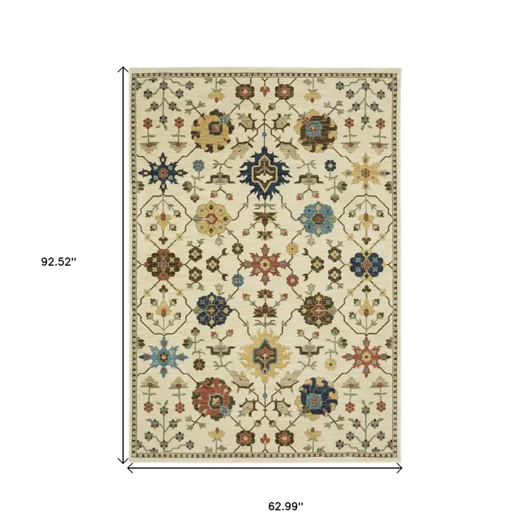 5' X 8' Ivory And Gold Oriental Area Rug With Fringe
