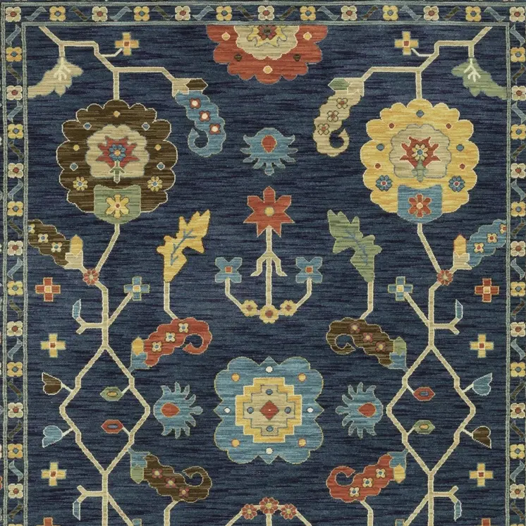 5' X 8' Blue And Gold Oriental Area Rug With Fringe