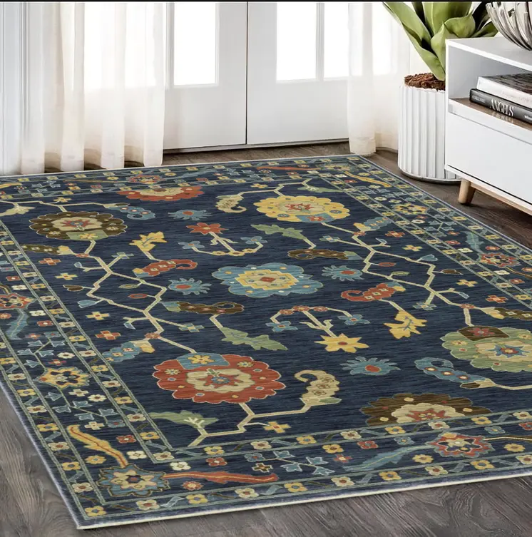 5' X 8' Blue And Gold Oriental Area Rug With Fringe