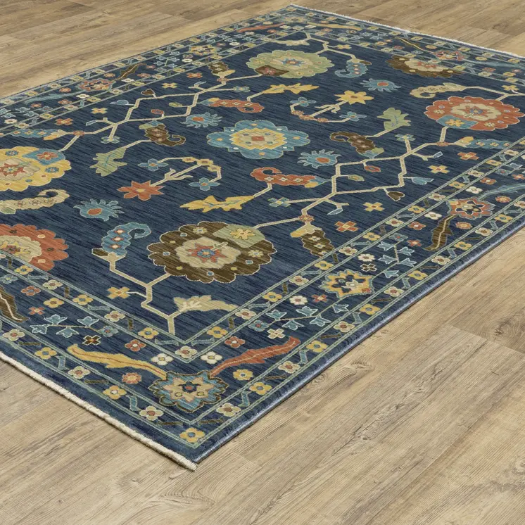 5' X 8' Blue And Gold Oriental Area Rug With Fringe