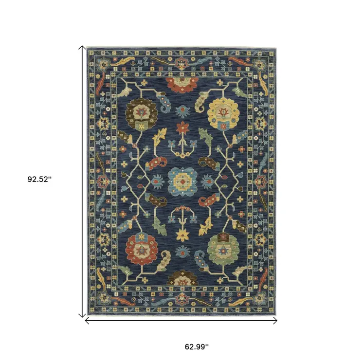 5' X 8' Blue And Gold Oriental Area Rug With Fringe
