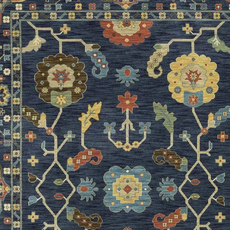 7' X 10' Blue And Gold Oriental Area Rug With Fringe