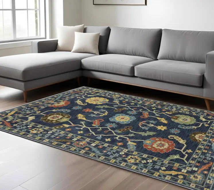 7' X 10' Blue And Gold Oriental Area Rug With Fringe