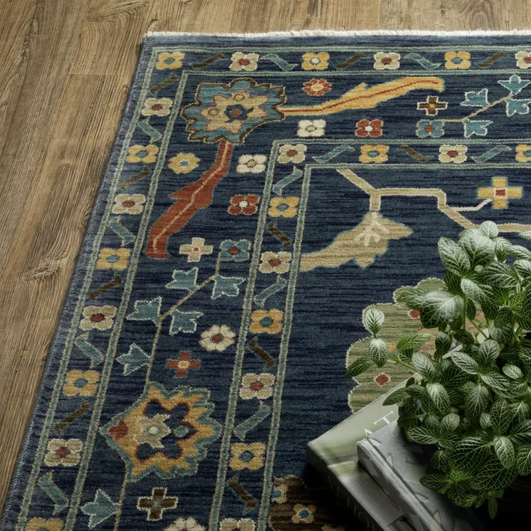 7' X 10' Blue And Gold Oriental Area Rug With Fringe