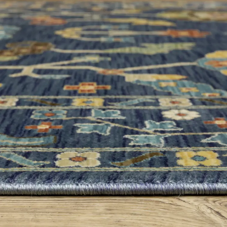 7' X 10' Blue And Gold Oriental Area Rug With Fringe