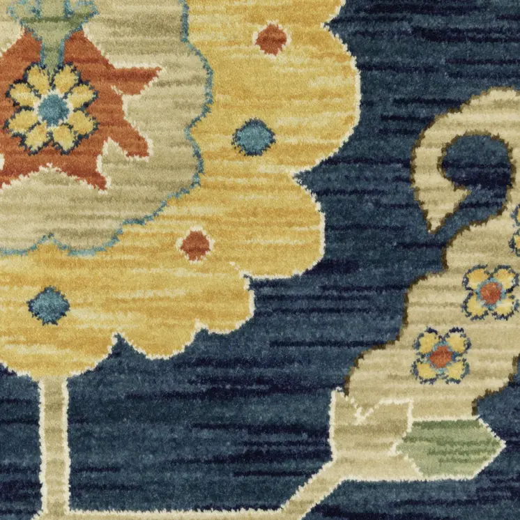 7' X 10' Blue And Gold Oriental Area Rug With Fringe