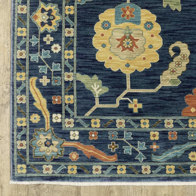 7' X 10' Blue And Gold Oriental Area Rug With Fringe