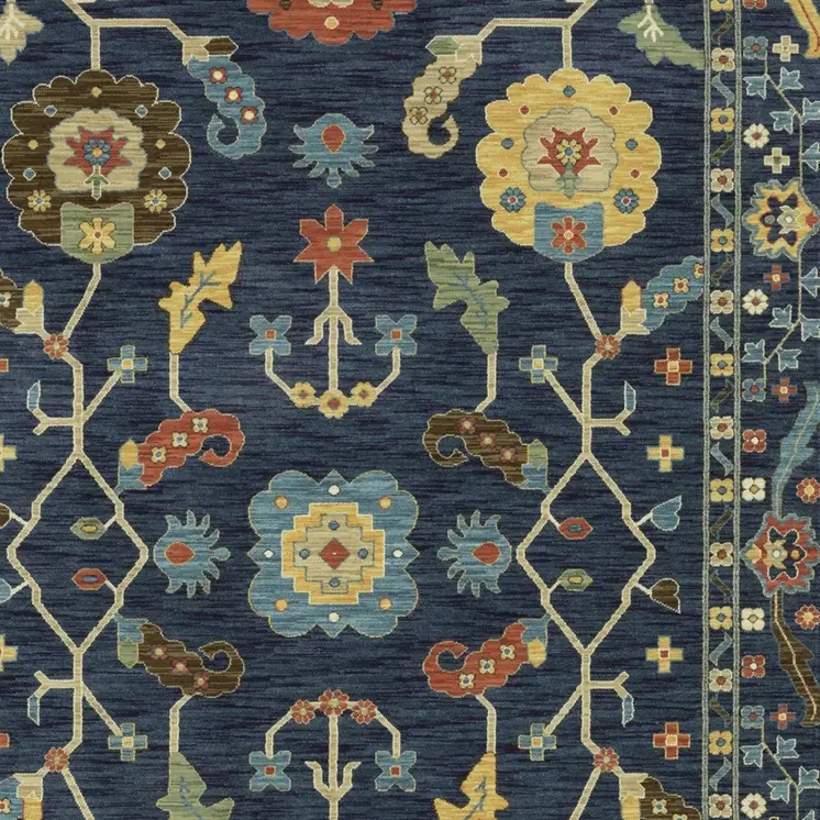 8' X 11' Blue And Gold Oriental Area Rug With Fringe