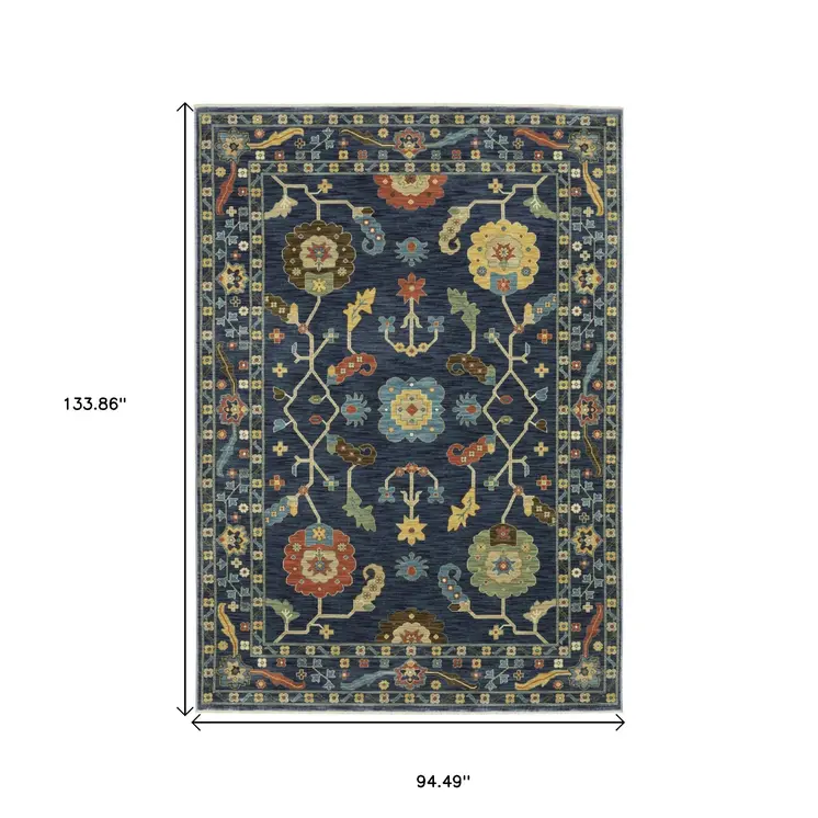 8' X 11' Blue And Gold Oriental Area Rug With Fringe