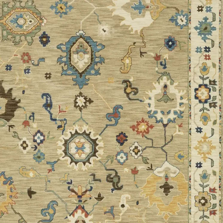 5' X 8' Beige Light Blue And Tan Oriental Area Rug With Fringe