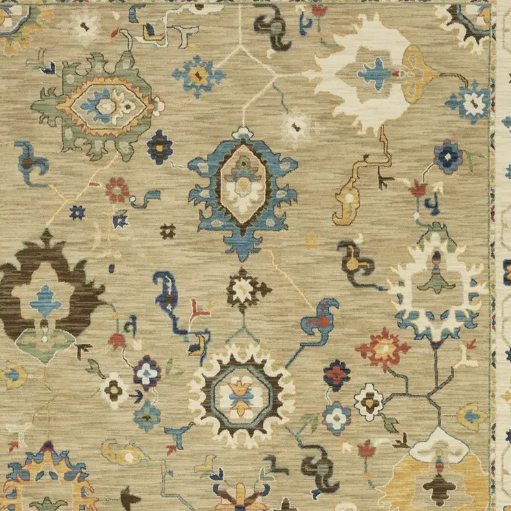 10' X 13' Beige Light Blue And Tan Oriental Area Rug With Fringe