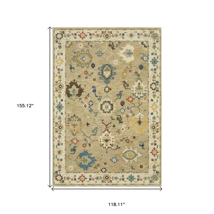 10' X 13' Beige Light Blue And Tan Oriental Area Rug With Fringe