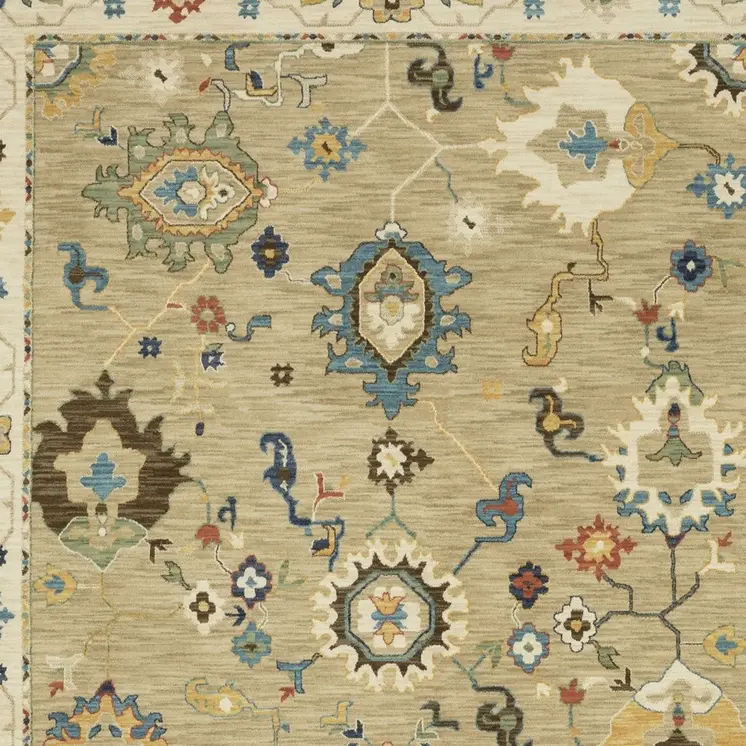 7' X 10' Beige Light Blue And Tan Oriental Area Rug With Fringe