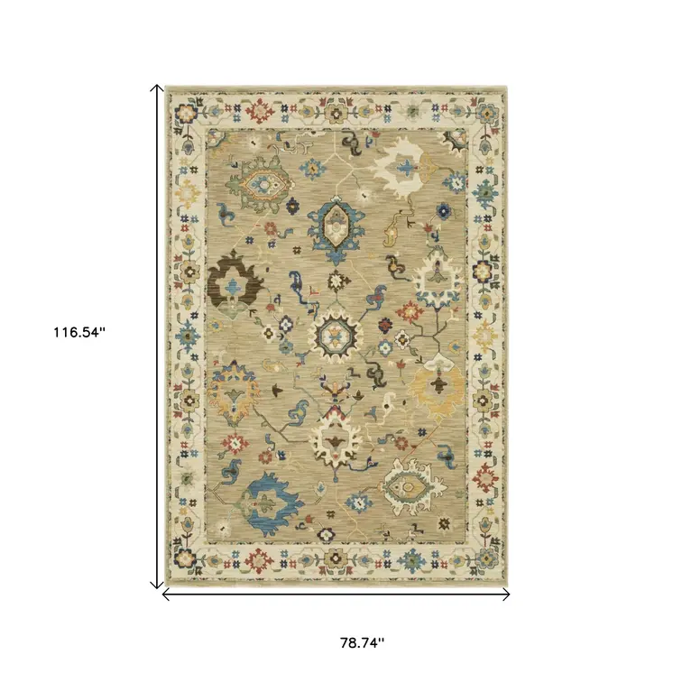 7' X 10' Beige Light Blue And Tan Oriental Area Rug With Fringe