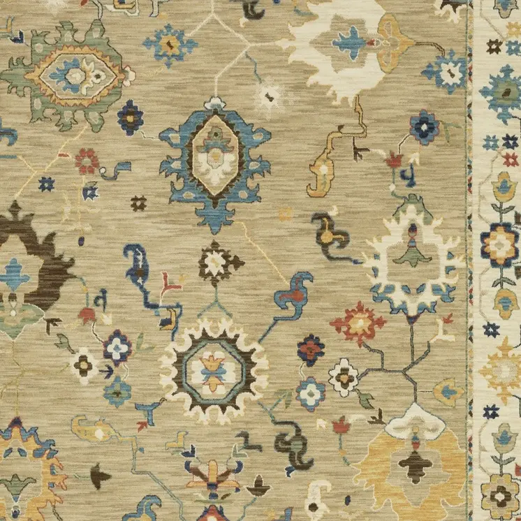 8' X 11' Beige Light Blue And Tan Oriental Area Rug With Fringe