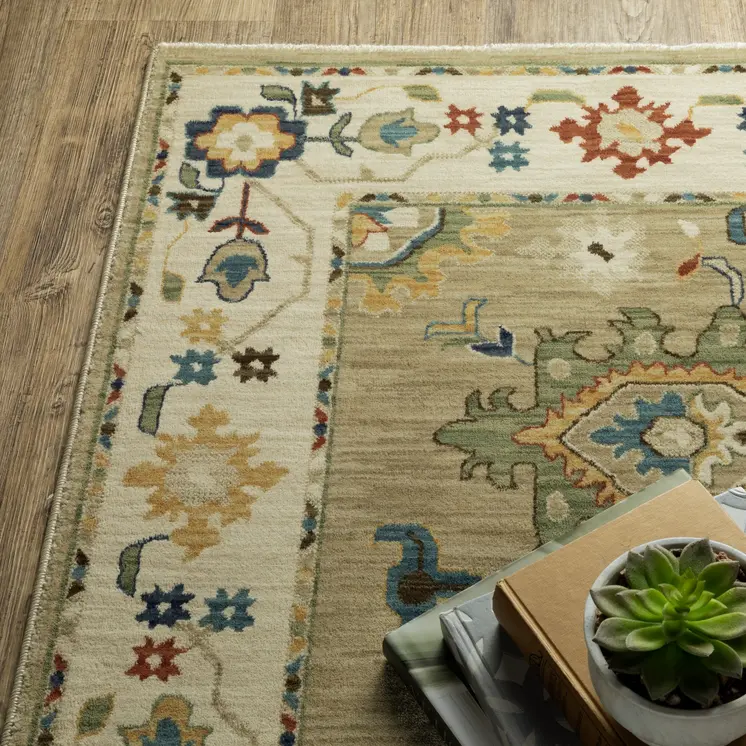 8' X 11' Beige Light Blue And Tan Oriental Area Rug With Fringe