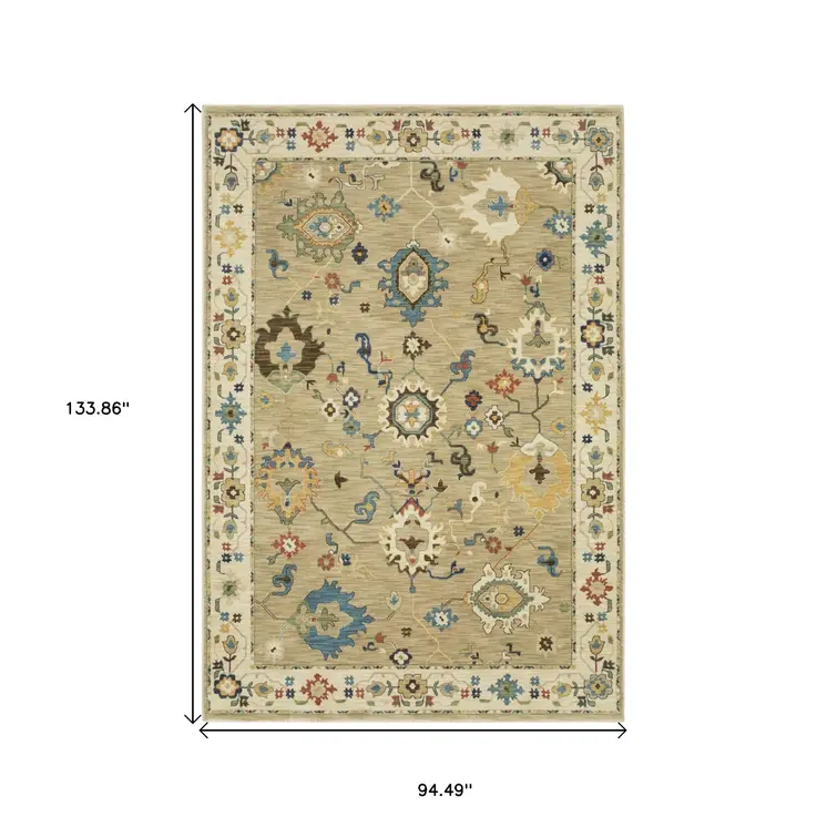 8' X 11' Beige Light Blue And Tan Oriental Area Rug With Fringe