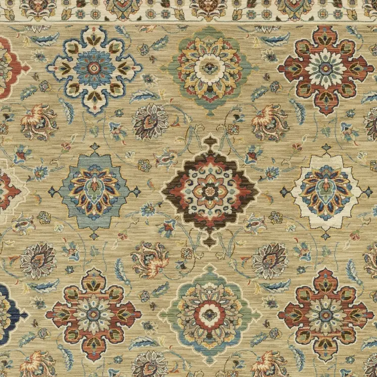 10' X 13' Tan Ivory And Brown Floral Area Rug With Fringe