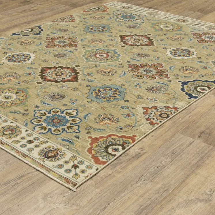 10' X 13' Tan Ivory And Brown Floral Area Rug With Fringe