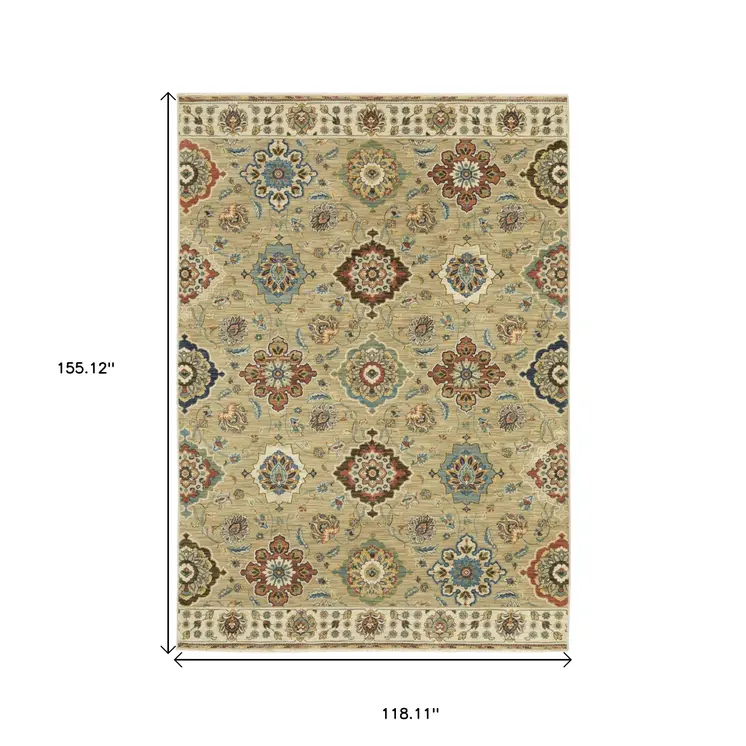 10' X 13' Tan Ivory And Brown Floral Area Rug With Fringe