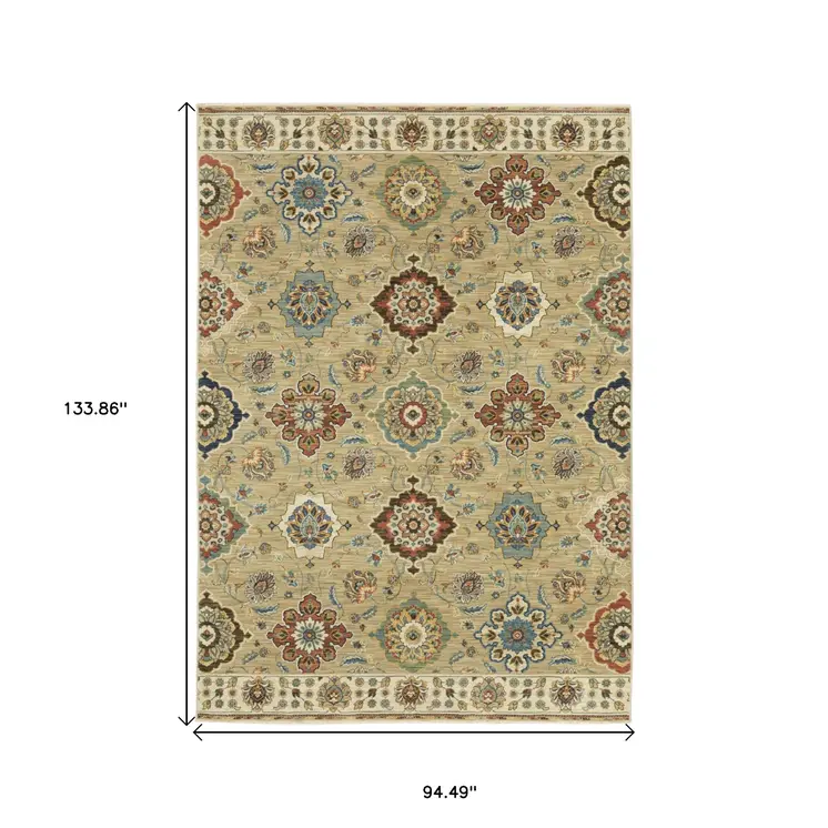 8' X 11' Tan Ivory And Brown Floral Area Rug With Fringe