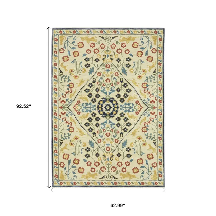 5' X 8' Ivory Orange And Navy Blue Oriental Area Rug With Fringe