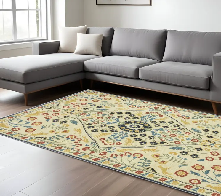 10' X 13' Ivory Orange And Navy Blue Oriental Area Rug With Fringe