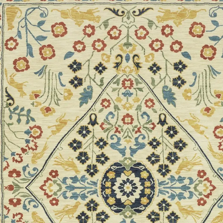 7' X 10' Ivory Orange And Navy Blue Oriental Area Rug With Fringe