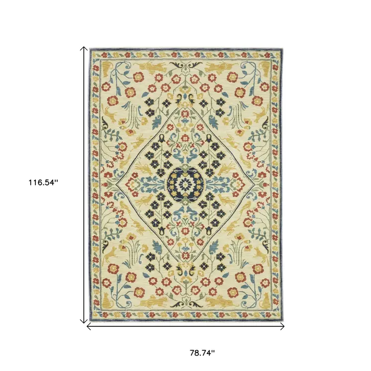 7' X 10' Ivory Orange And Navy Blue Oriental Area Rug With Fringe