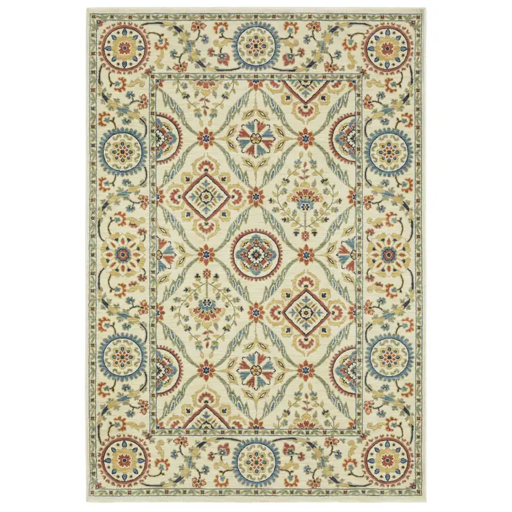 5' X 8' Ivory Blue And Orange Oriental Area Rug With Fringe