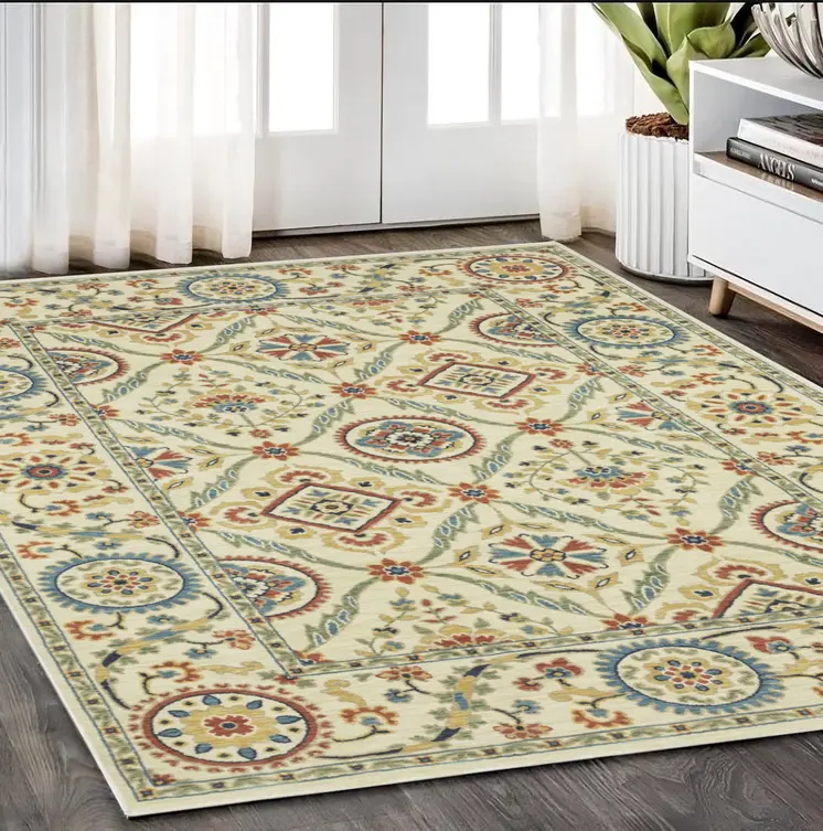 5' X 8' Ivory Blue And Orange Oriental Area Rug With Fringe