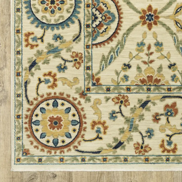 5' X 8' Ivory Blue And Orange Oriental Area Rug With Fringe