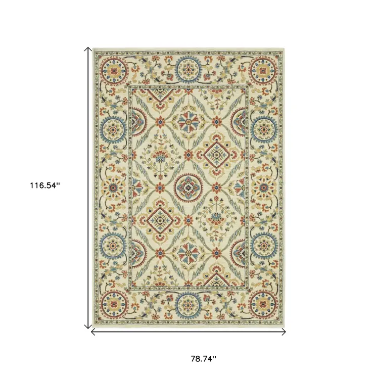 7' X 10' Ivory Blue And Orange Oriental Area Rug With Fringe