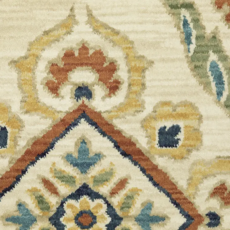 7' X 10' Ivory Blue And Orange Oriental Area Rug With Fringe