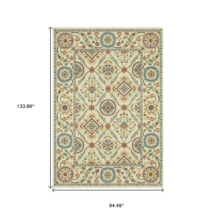 8' X 11' Ivory Blue And Orange Oriental Area Rug With Fringe