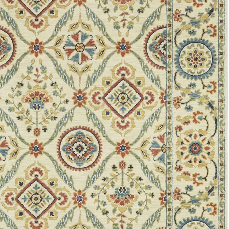 8' X 11' Ivory Blue And Orange Oriental Area Rug With Fringe