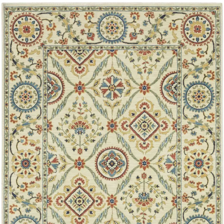 8' X 11' Ivory Blue And Orange Oriental Area Rug With Fringe