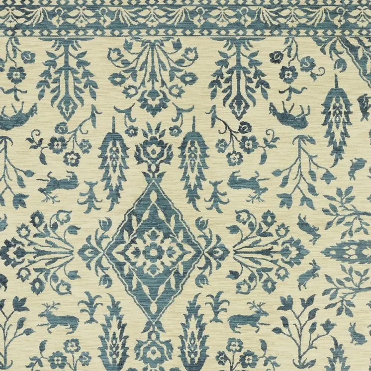 5' X 8' Ivory And Blue Oriental Area Rug With Fringe