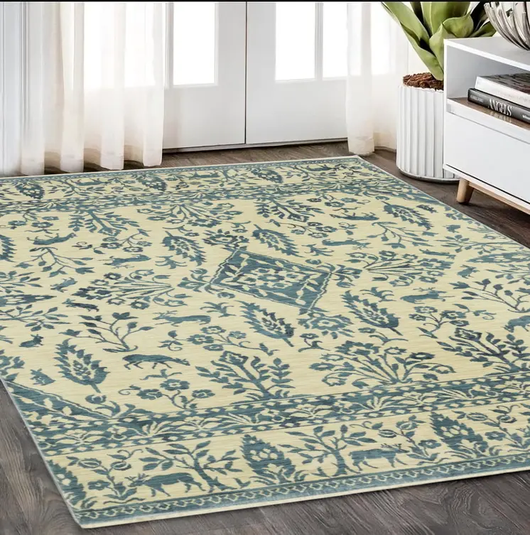 5' X 8' Ivory And Blue Oriental Area Rug With Fringe